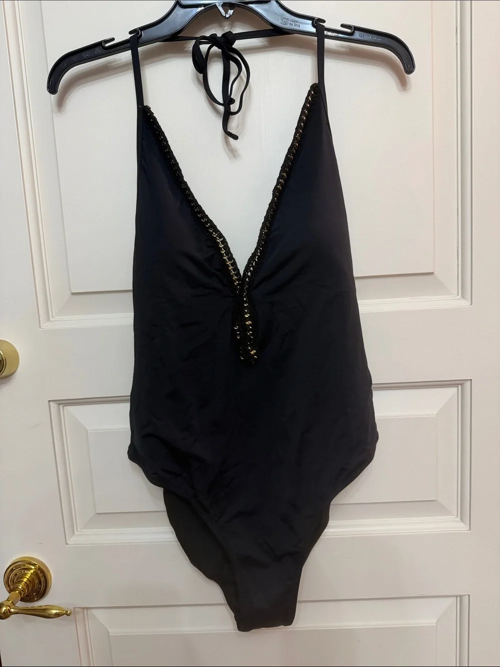 Fashion Nova Black One-Piece Swimsuit with Beaded Trim